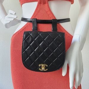 Auth Chanel Quilted Lambskin Flap Leather Waist/Belt Bag